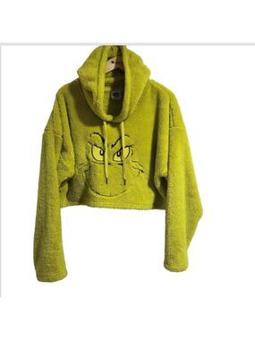 The Grinch Fleece Hoodie Crop Top Dr Seuss Size XL Green Big Grinch Face